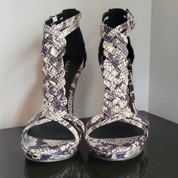Michael Antonio Brown and Cream Snakeskin 5" High Heeled Sandals Size 8.5 - Picture 7 of 15
